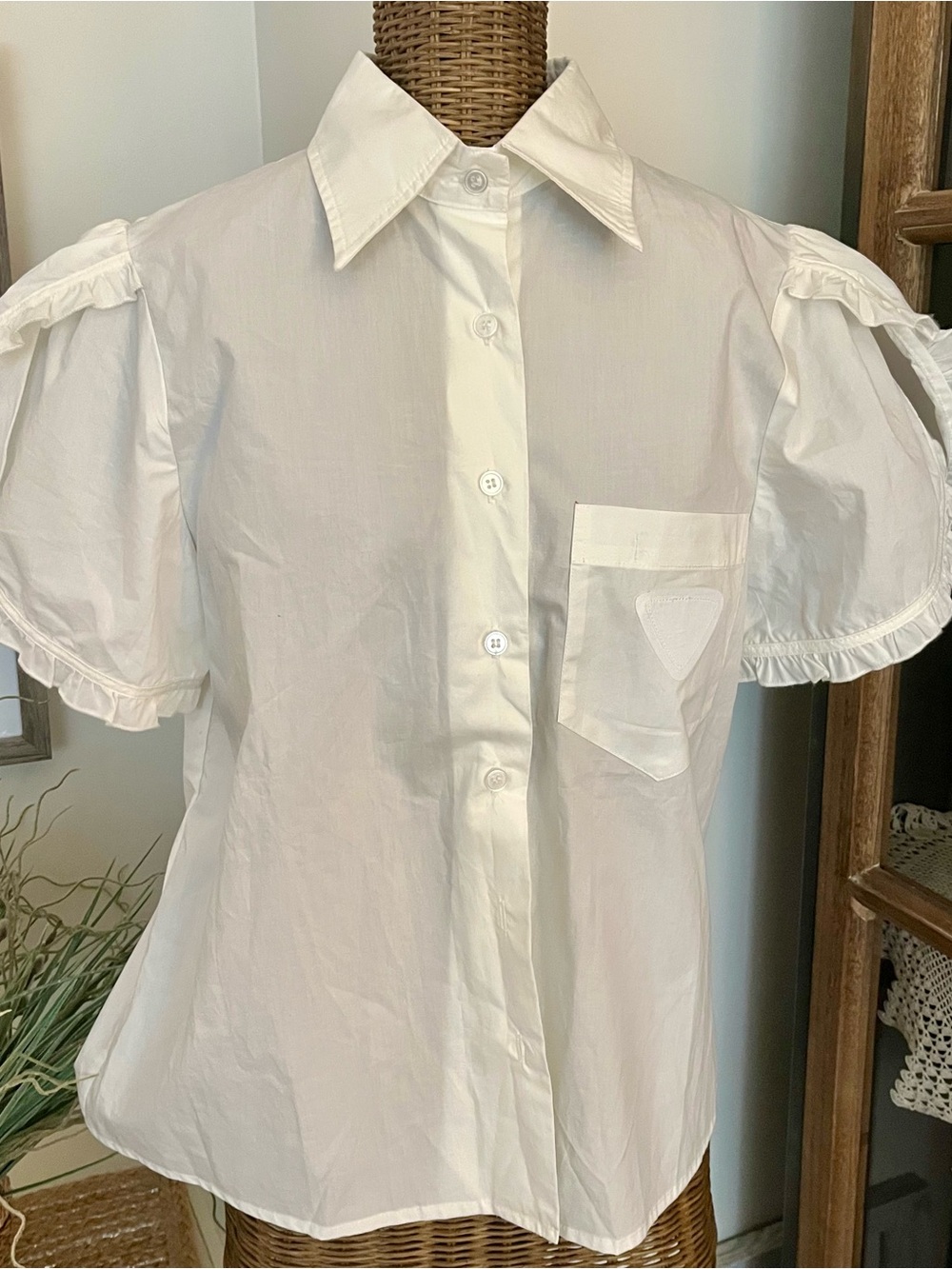 Prada White Logo Label Button-Up Shirt , Sz M